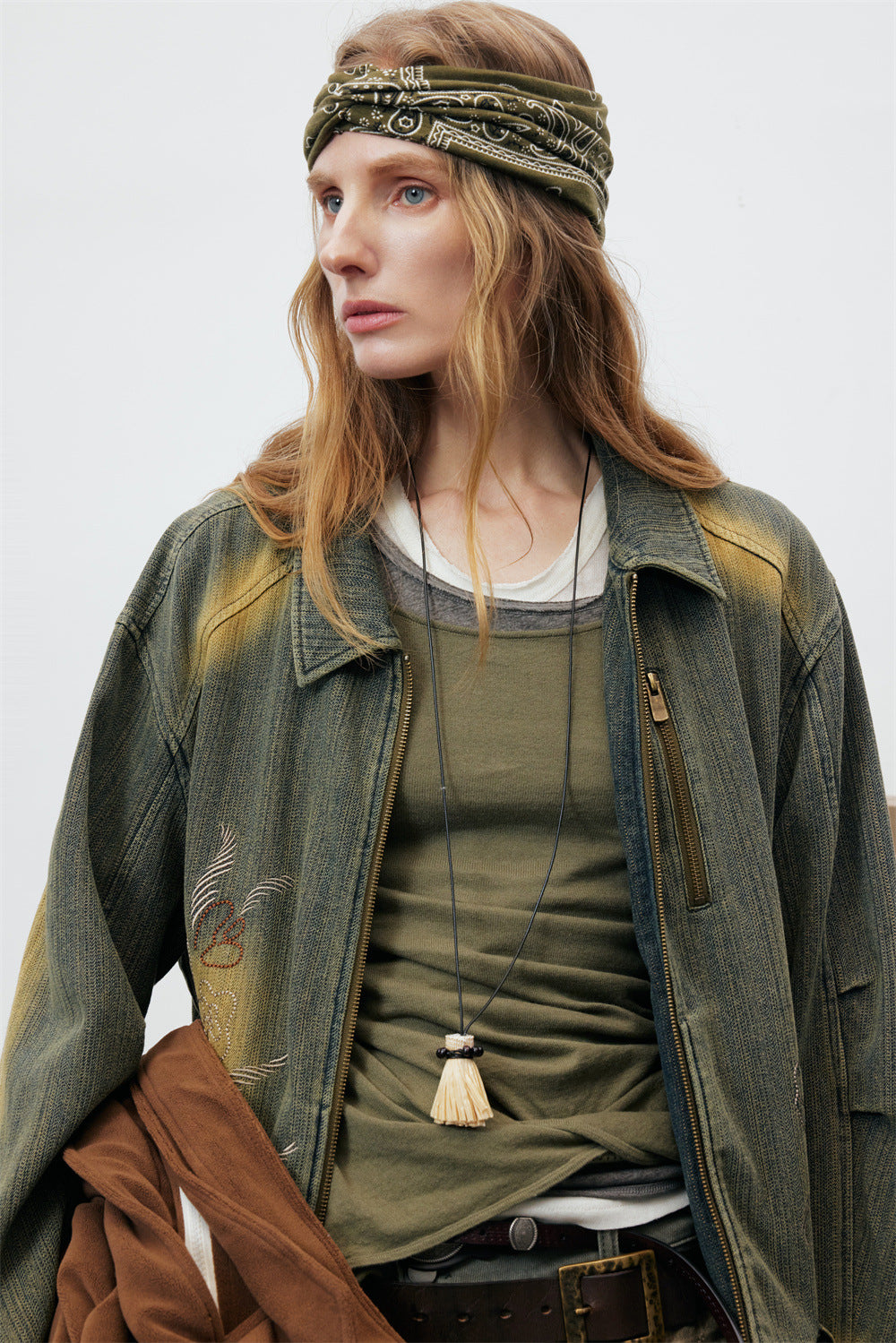 Vintage Washed Denim Jacket – Floral Embroidery, Zip-Up, Belted Waist