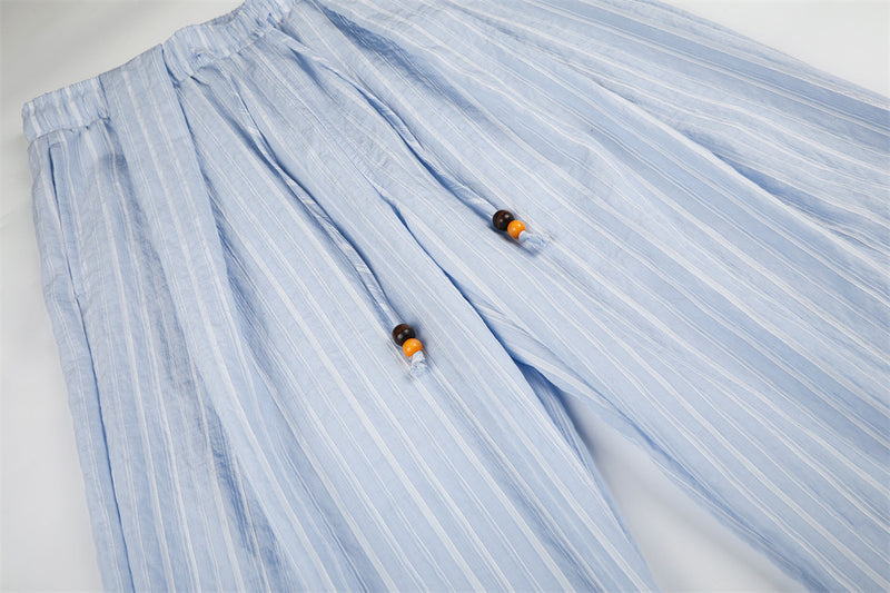 Striped Wide-Leg Pants with Elastic Drawstring Waist and Pleated Detail