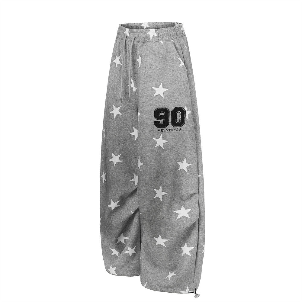 Star Print Wide-Leg Sweatpants – Oversized Pleated Streetwear Joggers