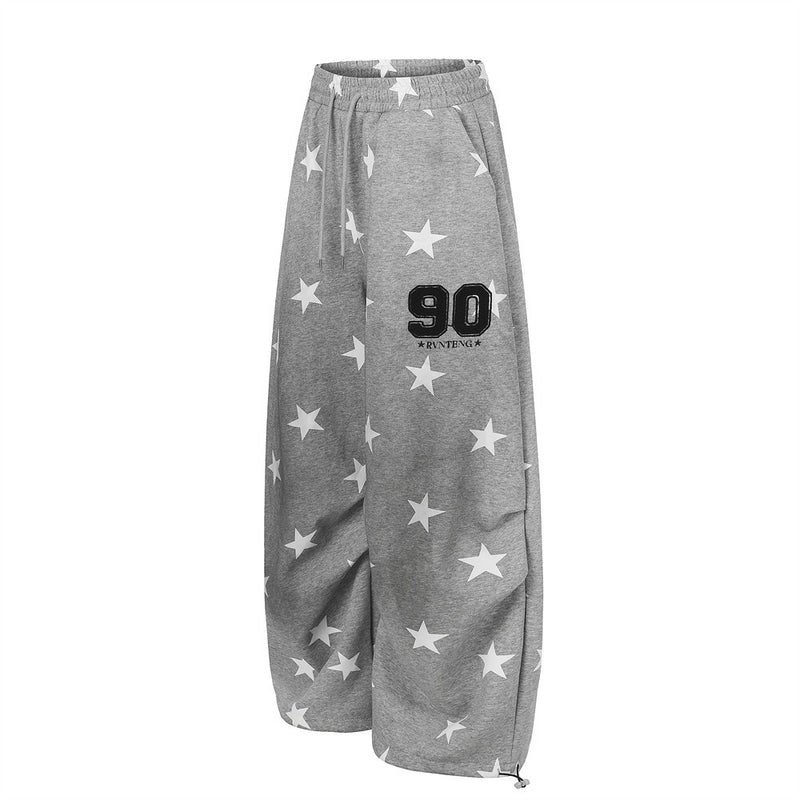 Star Print Wide-Leg Sweatpants – Oversized Pleated Streetwear Joggers