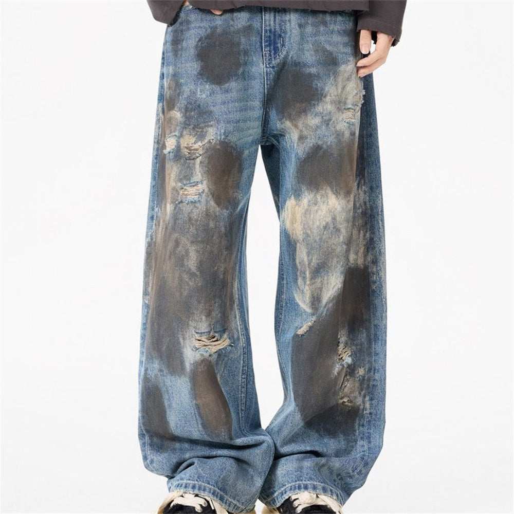 Wide-Leg Distressed Jeans – Dirty Wash Tie-Dye Ripped Denim, Relaxed Fit