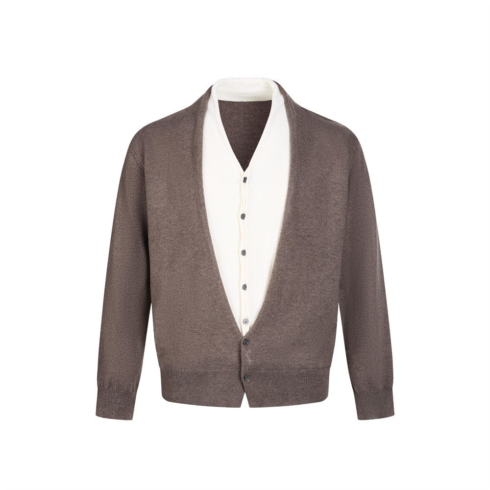 Men's V Neck Sweater Two-Tone Faux-Layered Cardigan