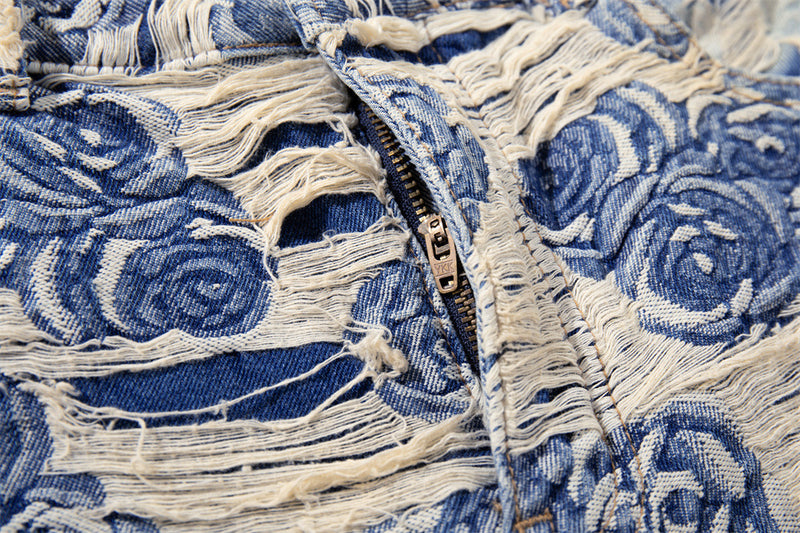 Rose Jacquard Distressed Wide-Leg Jeans – Blue Floral Fringe Denim