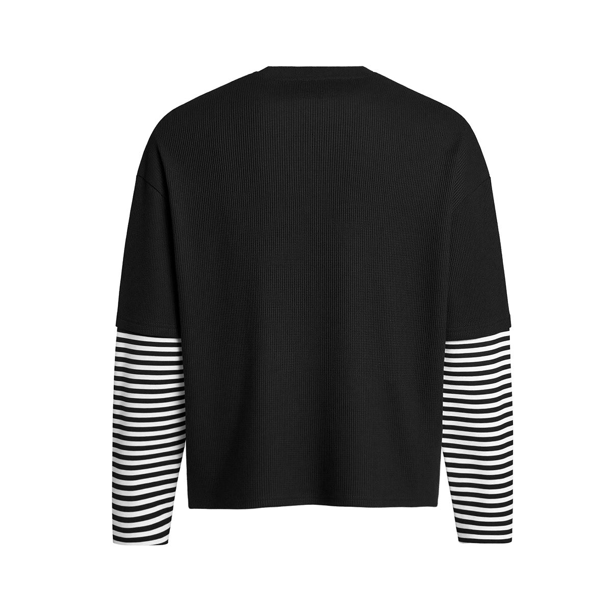 Long Sleeve Faux-Layered Graphic Shirt with Black & White Striped Sleeves
