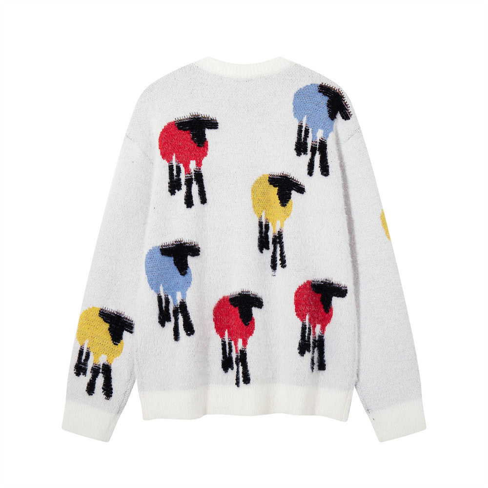 Jersey de cuello redondo para hombre con punto jacquard de ovejas coloridas y corte relajado