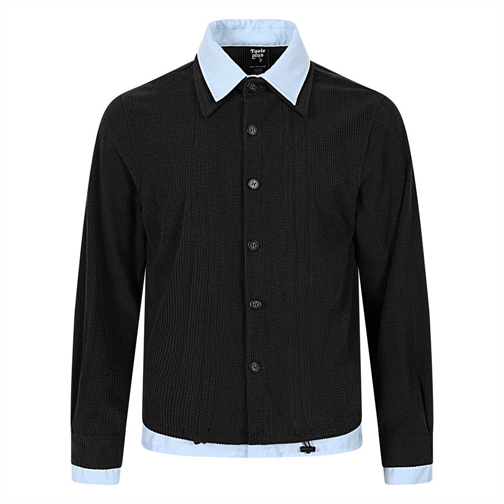Men's black ribbed corduroy faux two-piece overshirt with light blue contrast collar, cuffs, and drawstring hem, front view