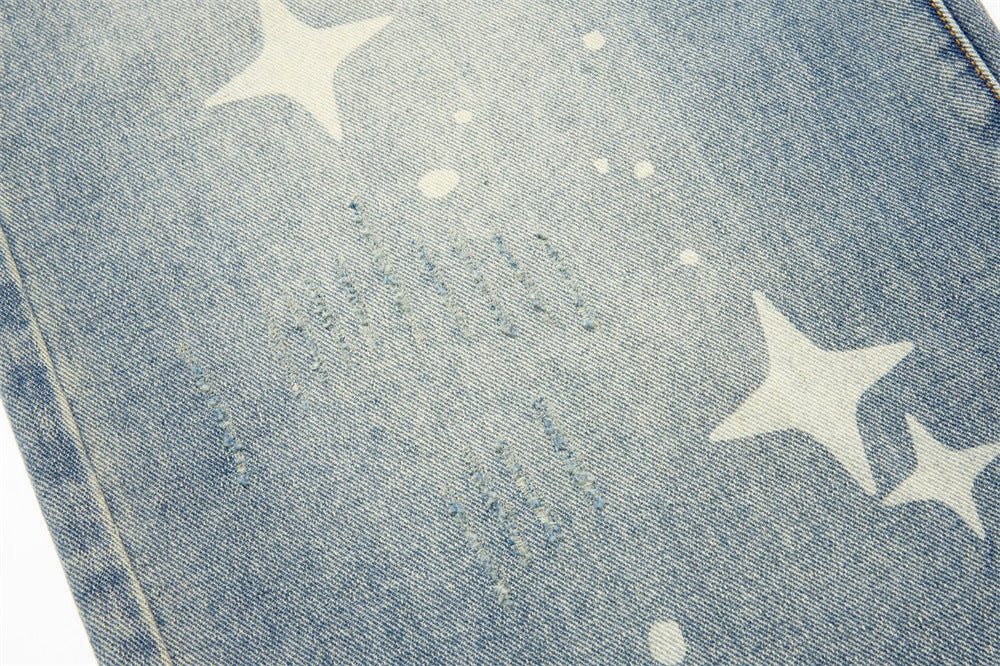Jeans Star Print Baggy Wide-Leg Men – Washed Light Blue Straight Trousers