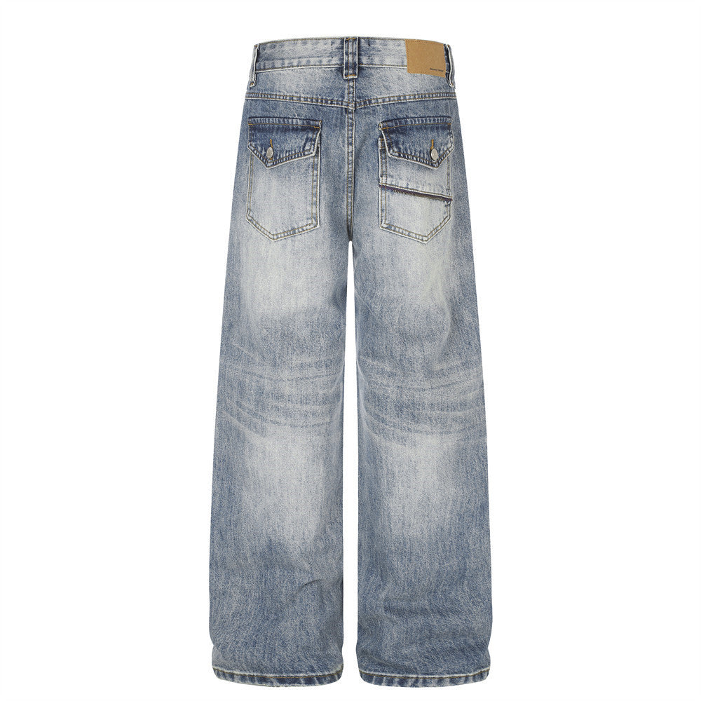 Jean baggy à jambes larges – Denim bleu délavé homme, coupe droite avec poche zippée