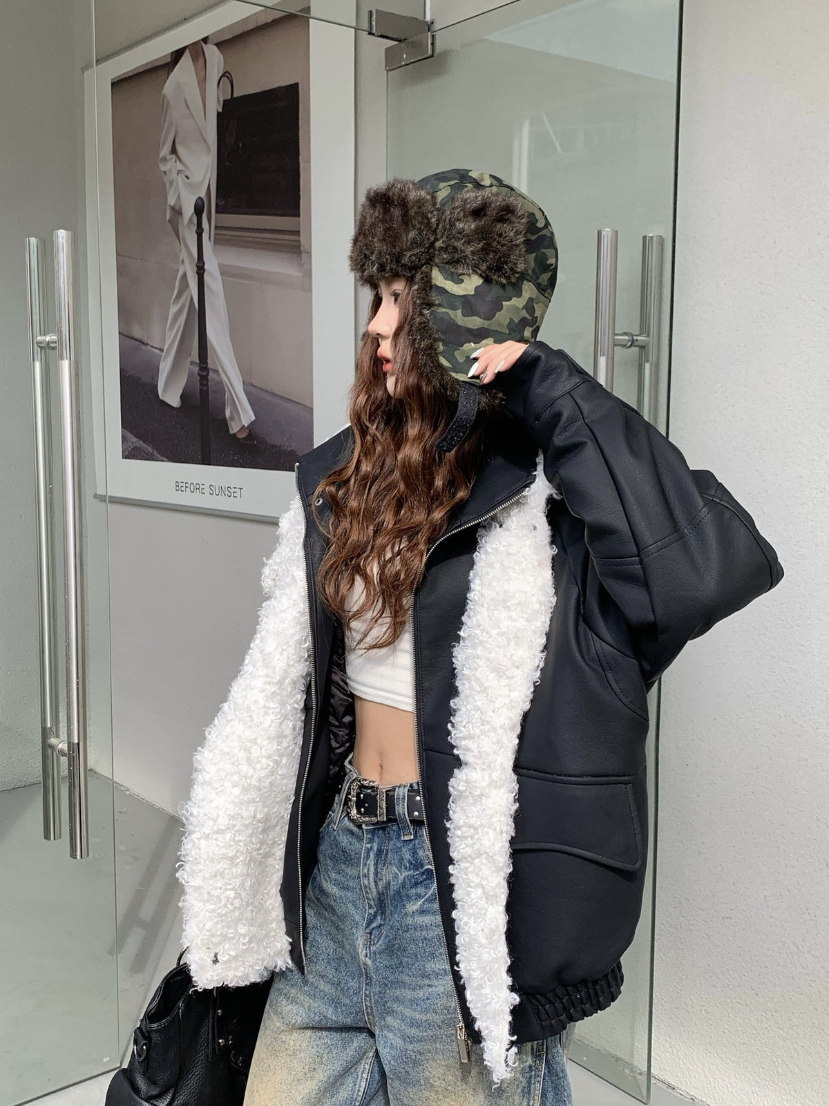 Veste en simili cuir et fourrure, bomber oversize à col sherpa