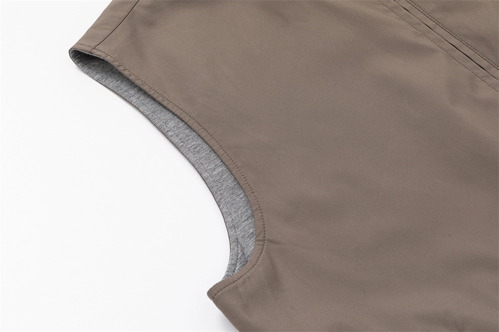 Reversible Stand Collar Vest – Men's Dual-Zip Sleeveless Gilet in Taupe &