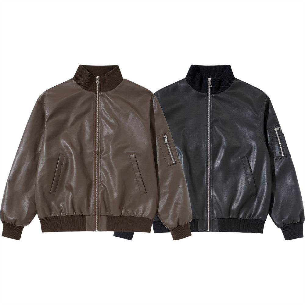 Men's Stand Collar PU Leather Bomber Jacket – Oversized Flight Jacket