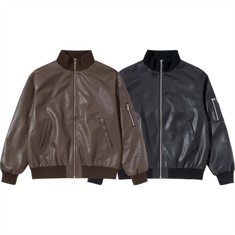 Men's Stand Collar PU Leather Bomber Jacket – Oversized Flight Jacket