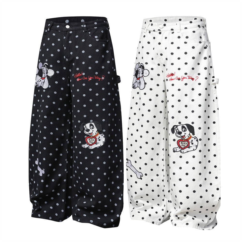 Pantalon baggy wide-leg à pois avec broderies cartoon dalmatien