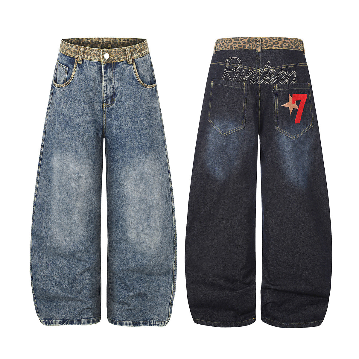 Vaqueros baggy de pierna ancha con cintura de estampado de leopardo, mostrados por delante y por detrás, con escritura bordada y gráfico de estrella sobre denim oscuro