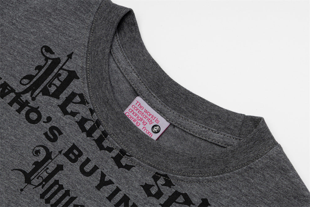 Men's Gothic Letter Print Long-Sleeve Tee with Striped Sleeve Splice