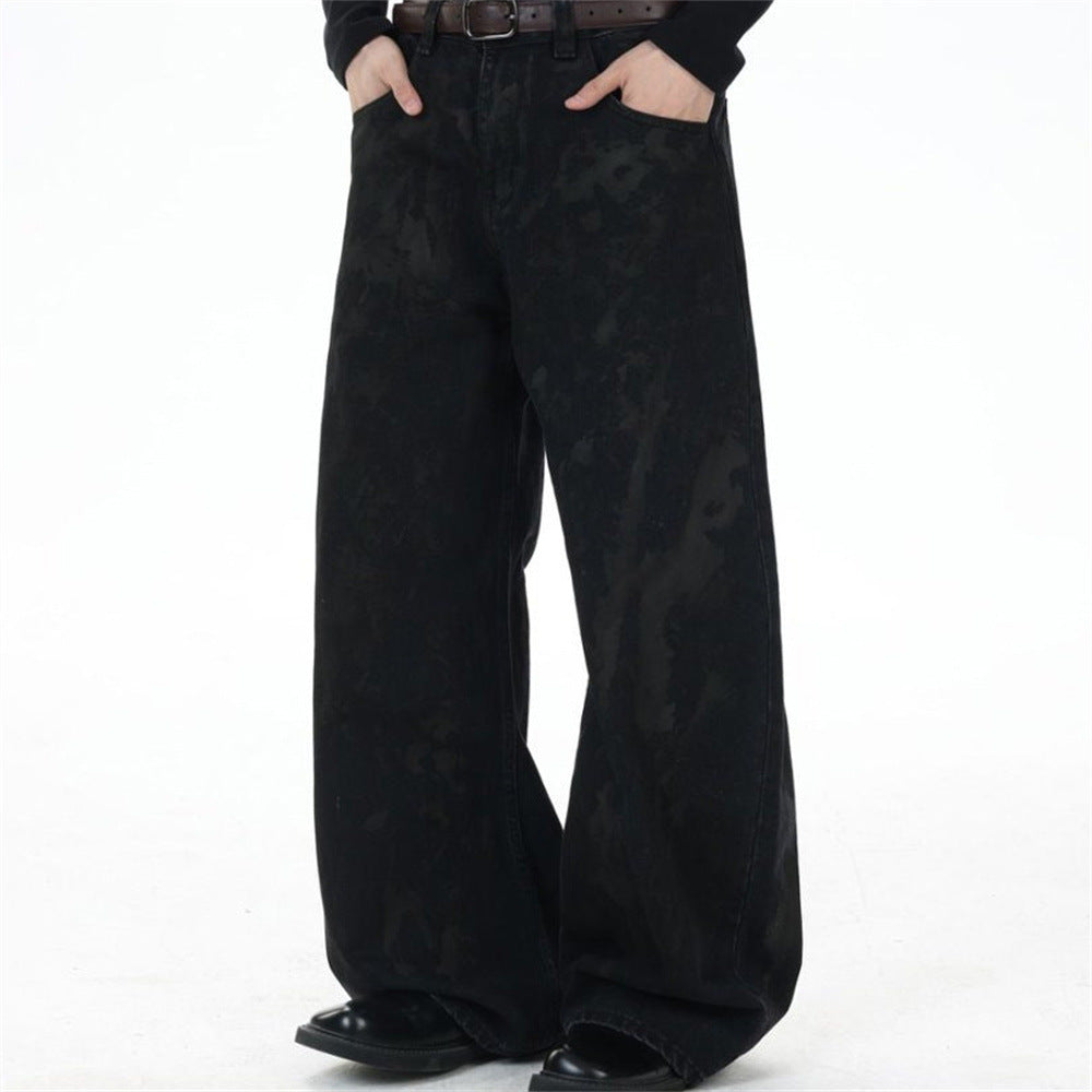 Men Black Baggy Jeans – Tie-Dye Washed Wide-Leg Denim Pants