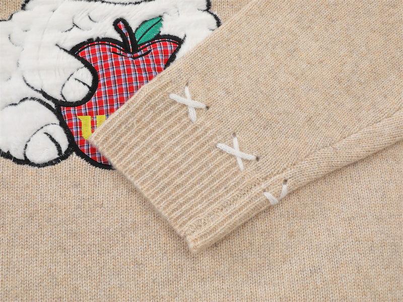 Cartoon Sheep Embroidered Crew Neck Pullover Sweater – Oversized Knit with
