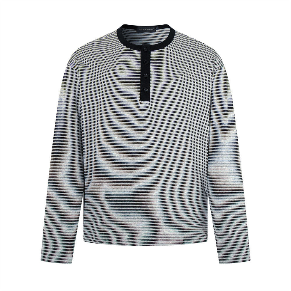 Men's Striped Henley Long-Sleeve Shirt – Relaxed Fit Button-Placket Top