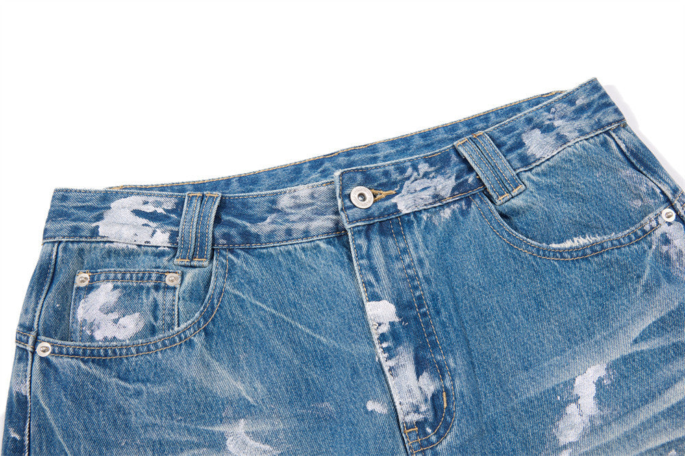 Distressed Flare Jeans – Men's Washed Blue Wide-Leg Denim with Paint Splatter