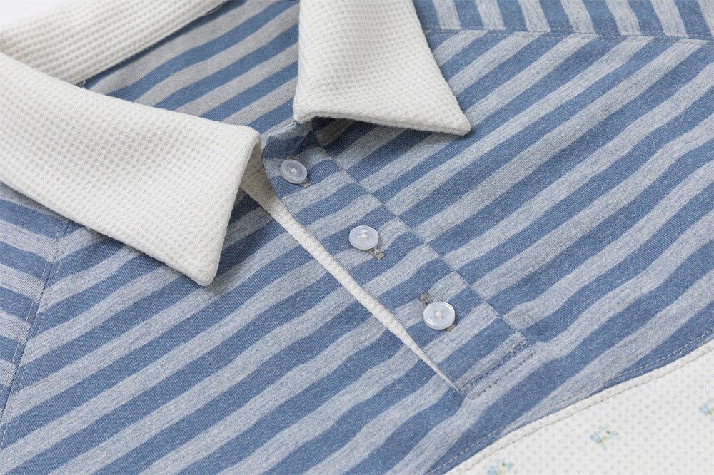 Long Sleeve Polo Shirt Patchwork Striped Color-Block Oversized Top