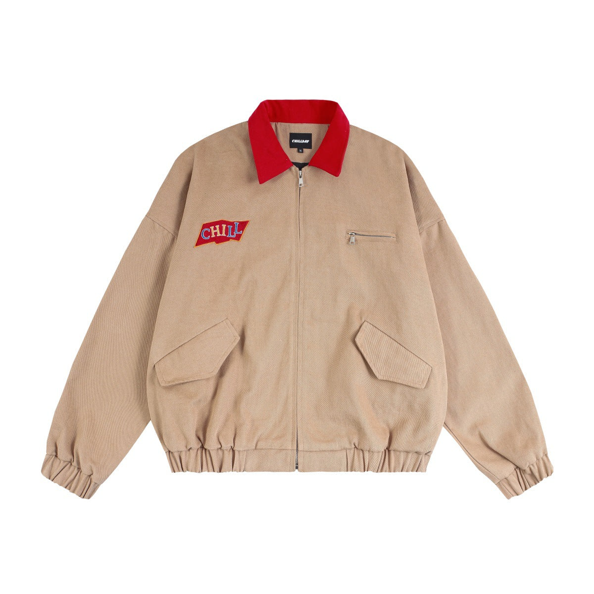 Veste Harrington rétro CHILLDAY à empiècements contrastants kaki, col rouge contrastant et écusson CHILL brodé, vue de face