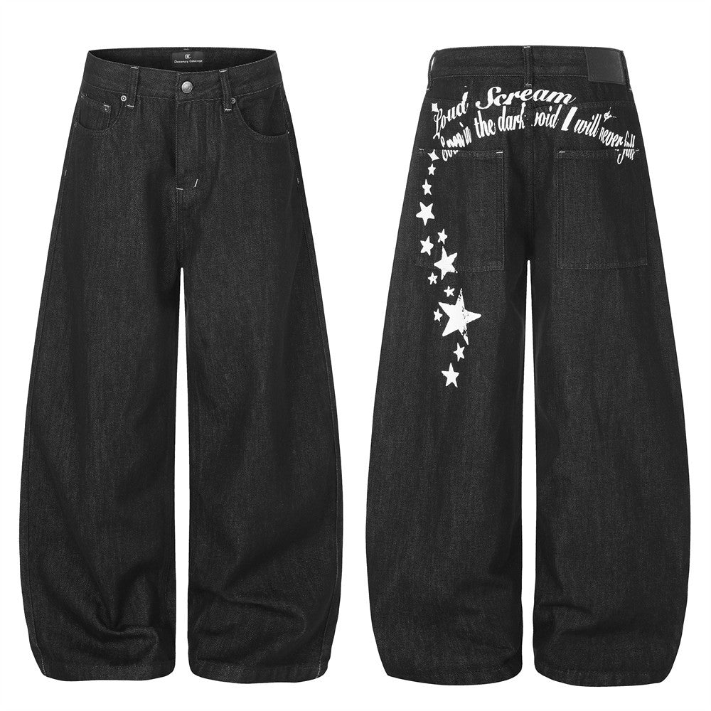 Jean noir à jambes larges, coupe barrel, avec cascade d’étoiles filantes et imprimé script Loud Scream sur le panneau arrière, vues de face et de dos