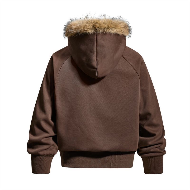 Fur-Trim Zip-Up Hoodie Jacket – Oversized Streetwear with Script Graphic