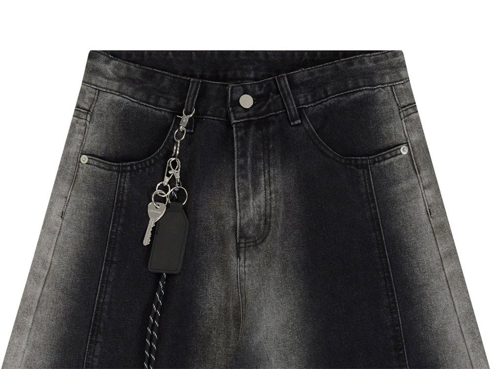 Wide-Leg Gradient Washed Jeans – Deconstructed Curved Seam Baggy Denim