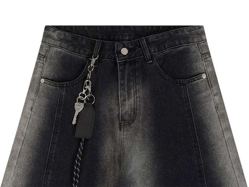 Wide-Leg Gradient Washed Jeans – Deconstructed Curved Seam Baggy Denim