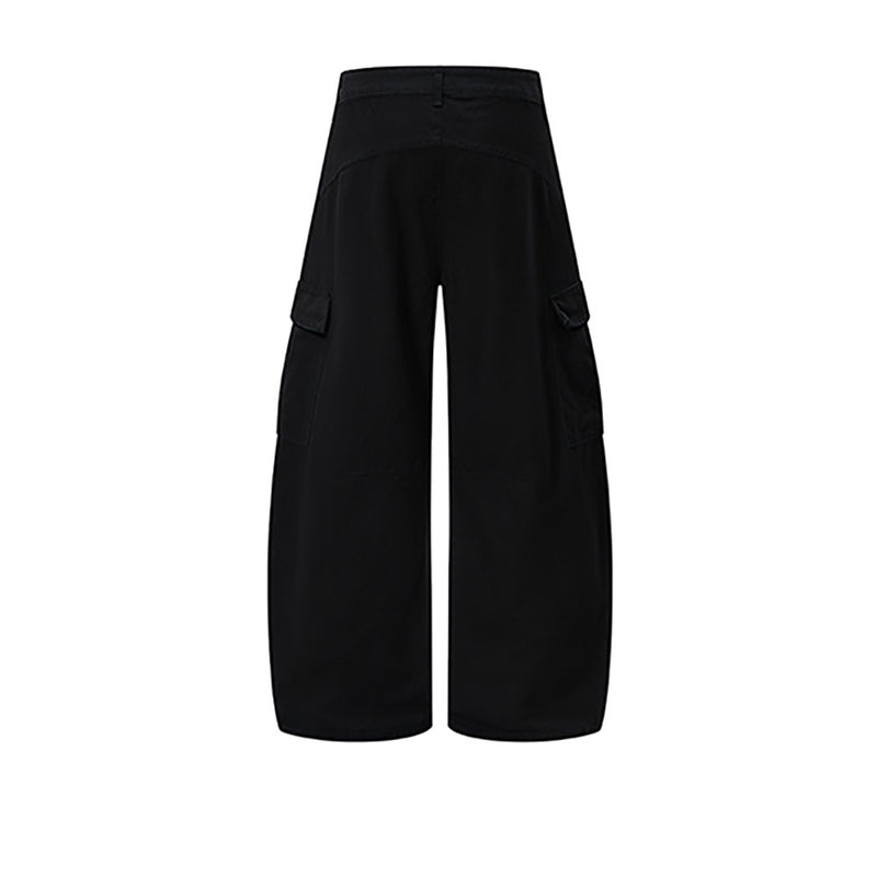 Black wide-leg cargo pants with flap side pockets, back view