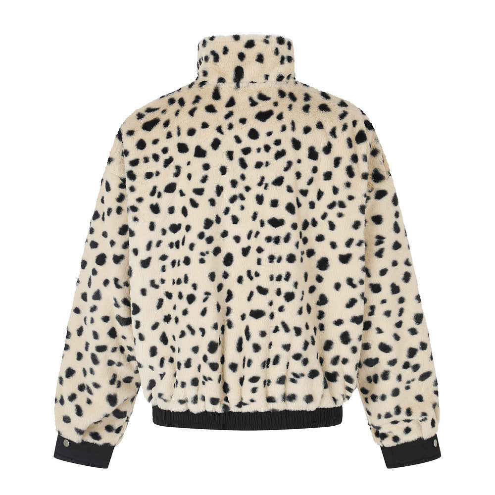 Reversible Stand-Collar Jacket Men's Dalmatian Faux Fur & Nylon Oversized Bomber