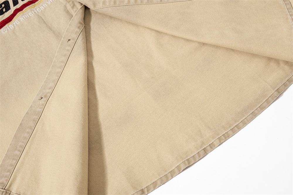 Mafa Vintage Racing Embroidered Short Sleeve Shirt – Washed Khaki Workwear Style