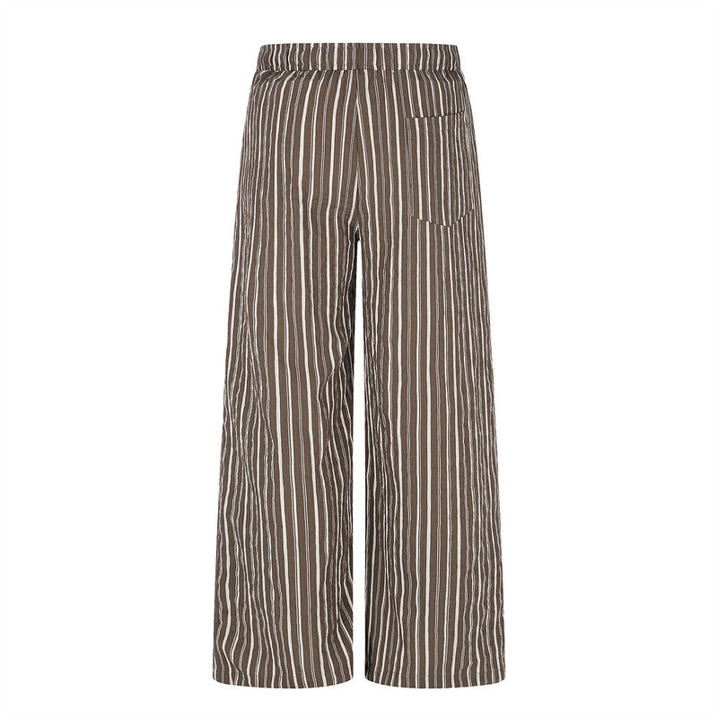 Striped Wide-Leg Pants with Elastic Drawstring Waist and Pleated Detail