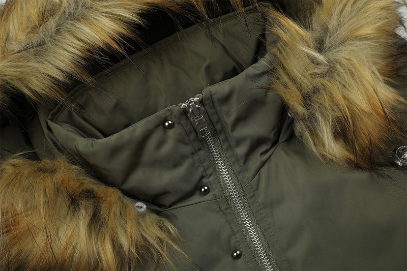 Fur-Trim Hood Bomber Jacket – Padded Winter Flight Coat with Double-Breasted