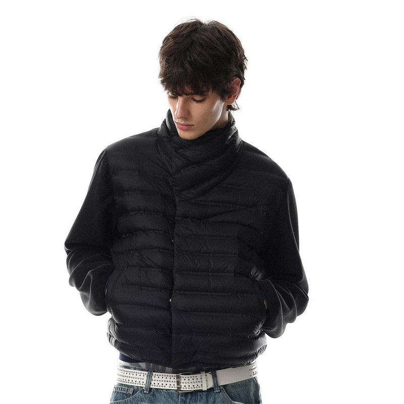 Men's Asymmetric Stand Collar Quilted Down Jacket – Diagonal Placket Puffer Coat