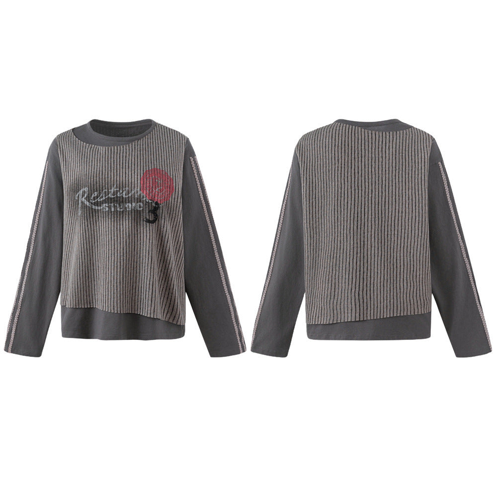 Irregular Faux Two-Piece Striped Long-Sleeve T-Shirt – Oversized Vintage
