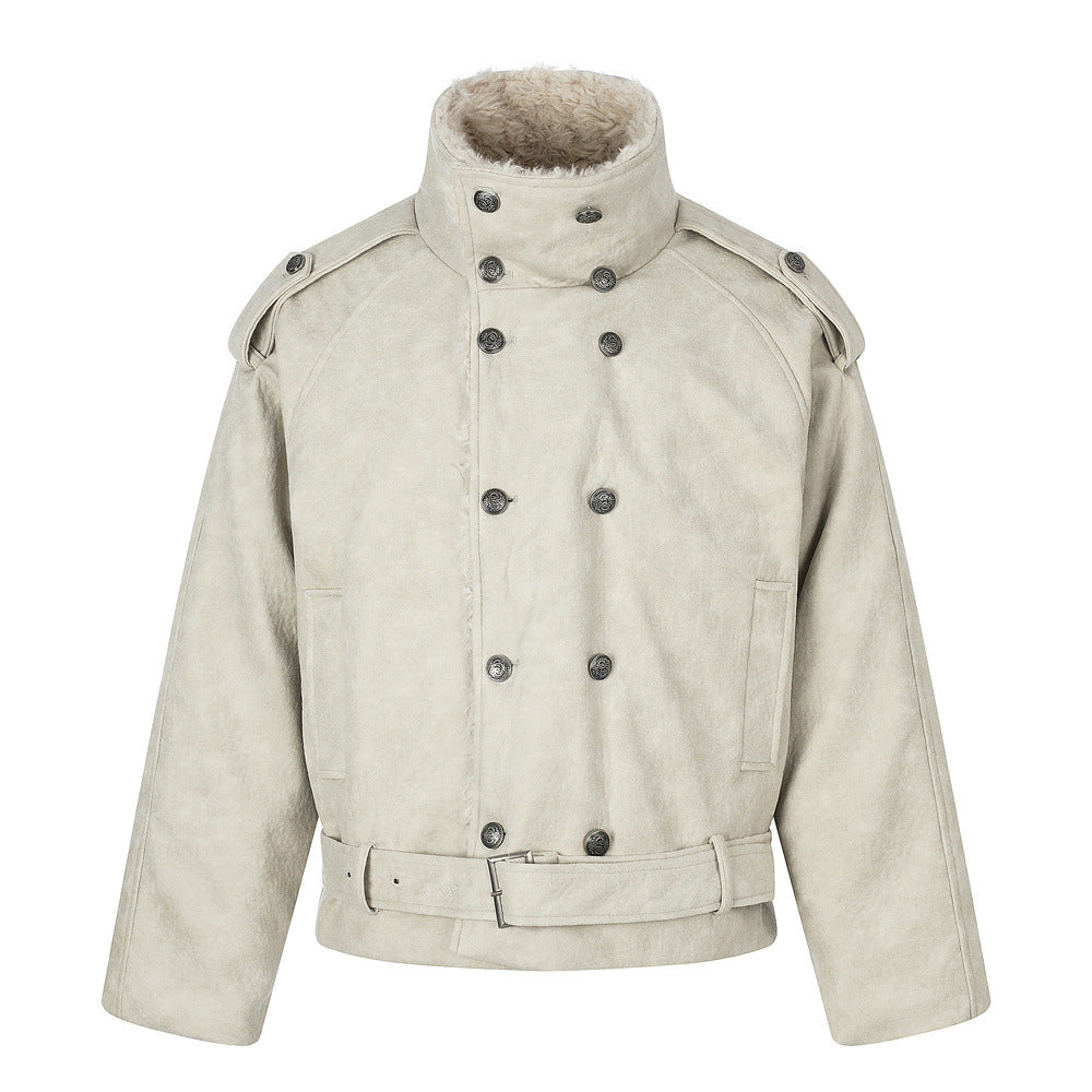 Men's Double-Breasted Sherpa-Collar Belted Jacket with Epaulettes