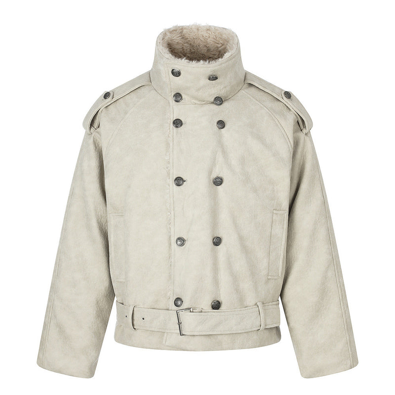 Men's Double-Breasted Sherpa-Collar Belted Jacket with Epaulettes