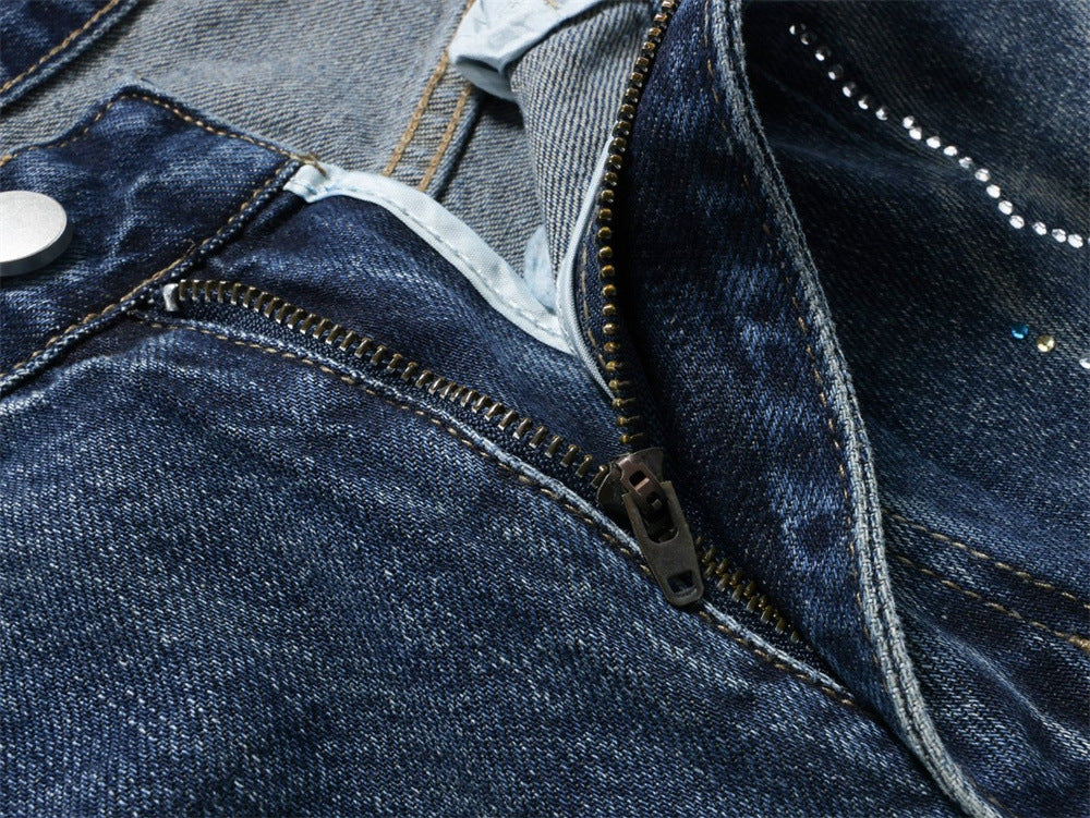 Men's Super Baggy Jeans – Rhinestone Wing Graphic Wide-Leg Denim, Washed Blue