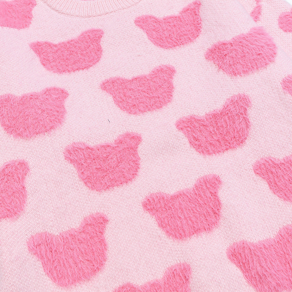 Bear Jacquard Crewneck Knit Sweater – Oversized Long Sleeve Pullover