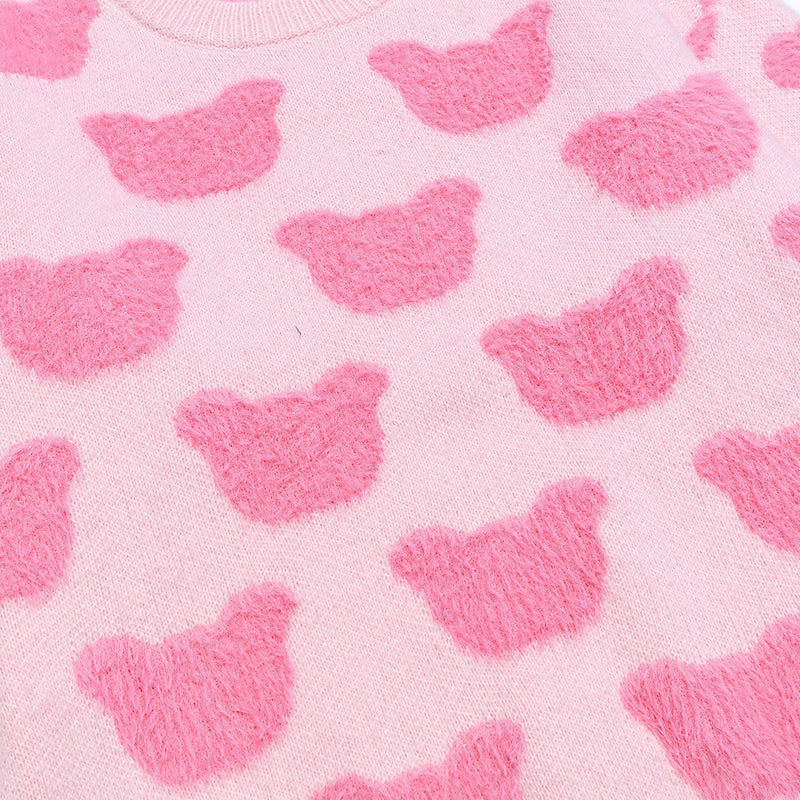 Bear Jacquard Crewneck Knit Sweater – Oversized Long Sleeve Pullover