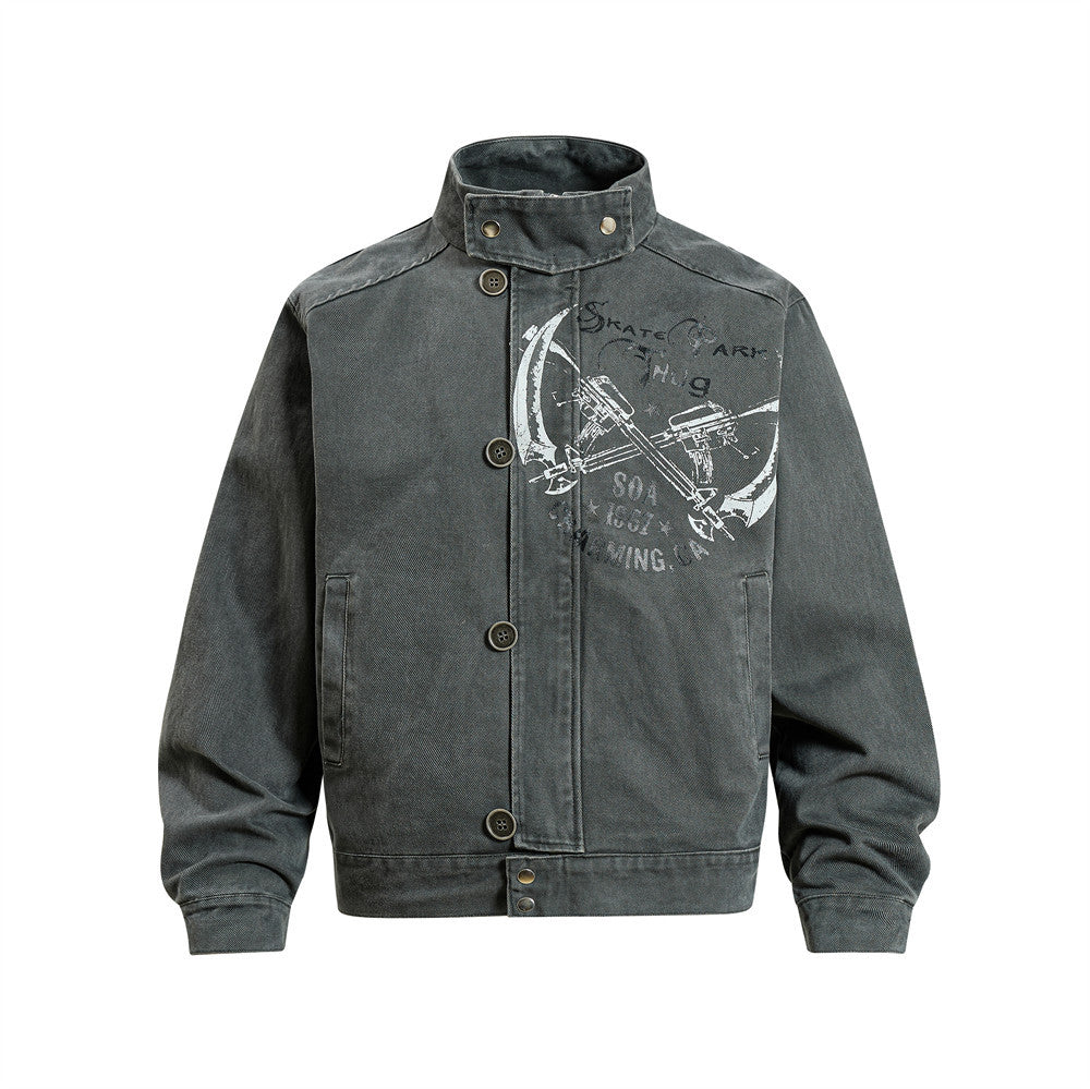 Men's distressed canvas work jacket with stand collar and scythe graphic print in deep grey