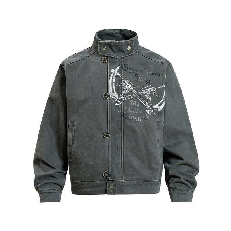 Men's distressed canvas work jacket with stand collar and scythe graphic print in deep grey
