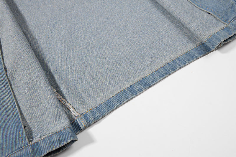 Military-Style Washed Denim Jacket – Stand Collar, Double-Breasted Button Detail
