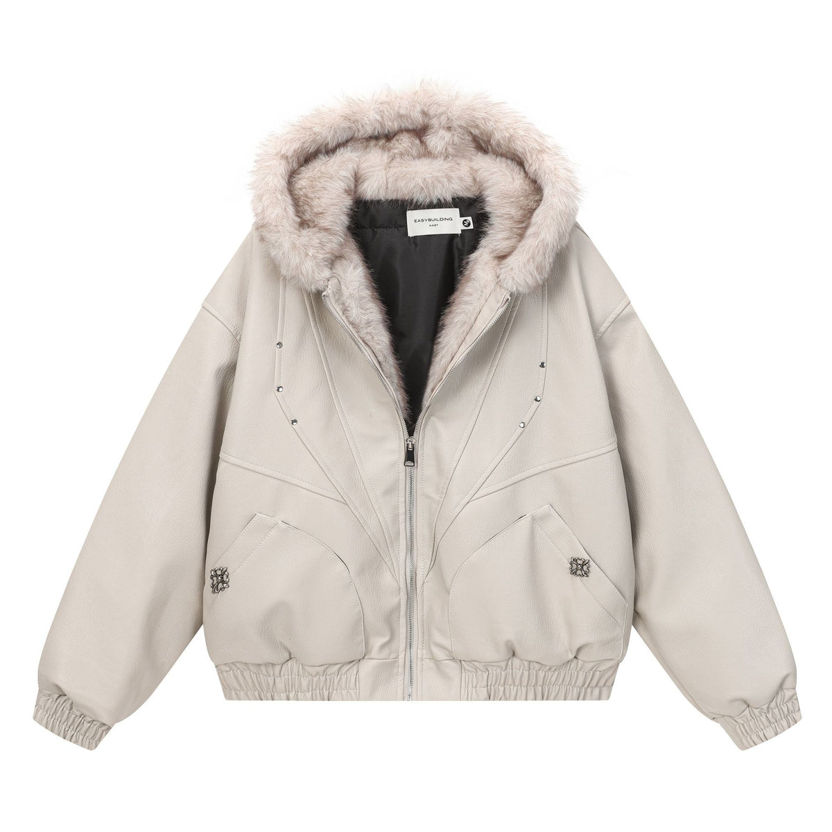 Faux Leather Hooded Bomber Jacket with Faux Fur Collar & Padded Lining