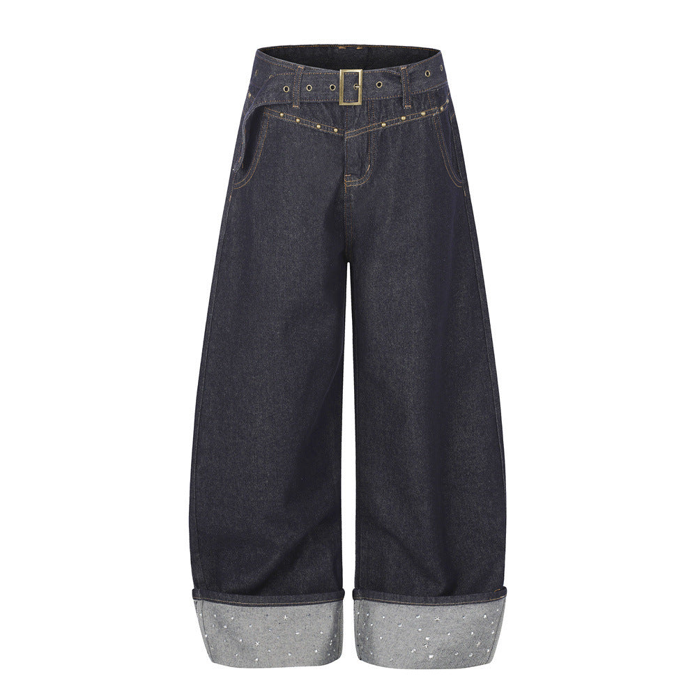 Oversized Barrel Leg Jeans with Belt, Studded Waist & Rhinestone Cuffed Hem