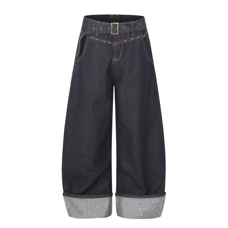 Oversized Barrel Leg Jeans with Belt, Studded Waist & Rhinestone Cuffed Hem