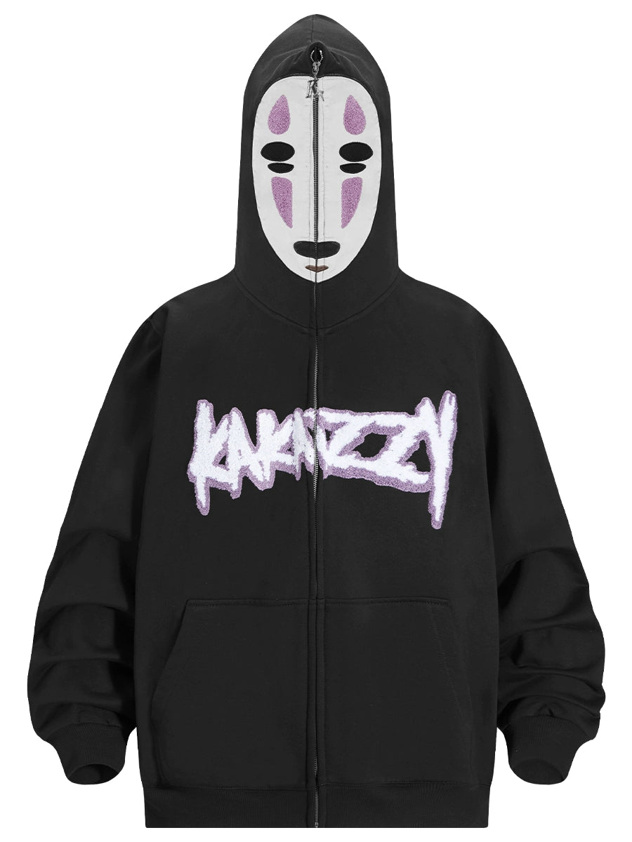 The No-Face Anime Hoodie by Spirited Away is a 400GSM oversized sweatshirt designed for anime fans. It features a white mask with black eyes, purple accents on the hood, and &quot;KANINZZA&quot; in stylish white font, capturing the iconic character from Spirited Away.