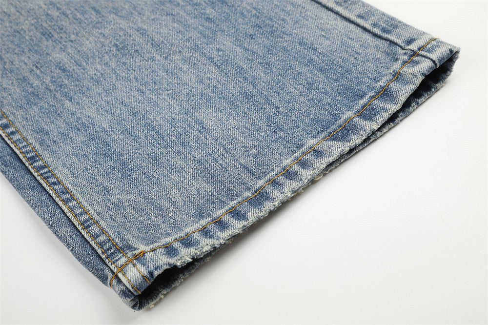 Jean baggy à jambes larges – Denim bleu délavé homme, coupe droite avec poche zippée