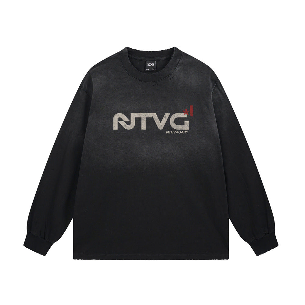 NTVG Acid Wash Long Sleeve Graphic T-Shirt – Distressed Logo Crew Neck